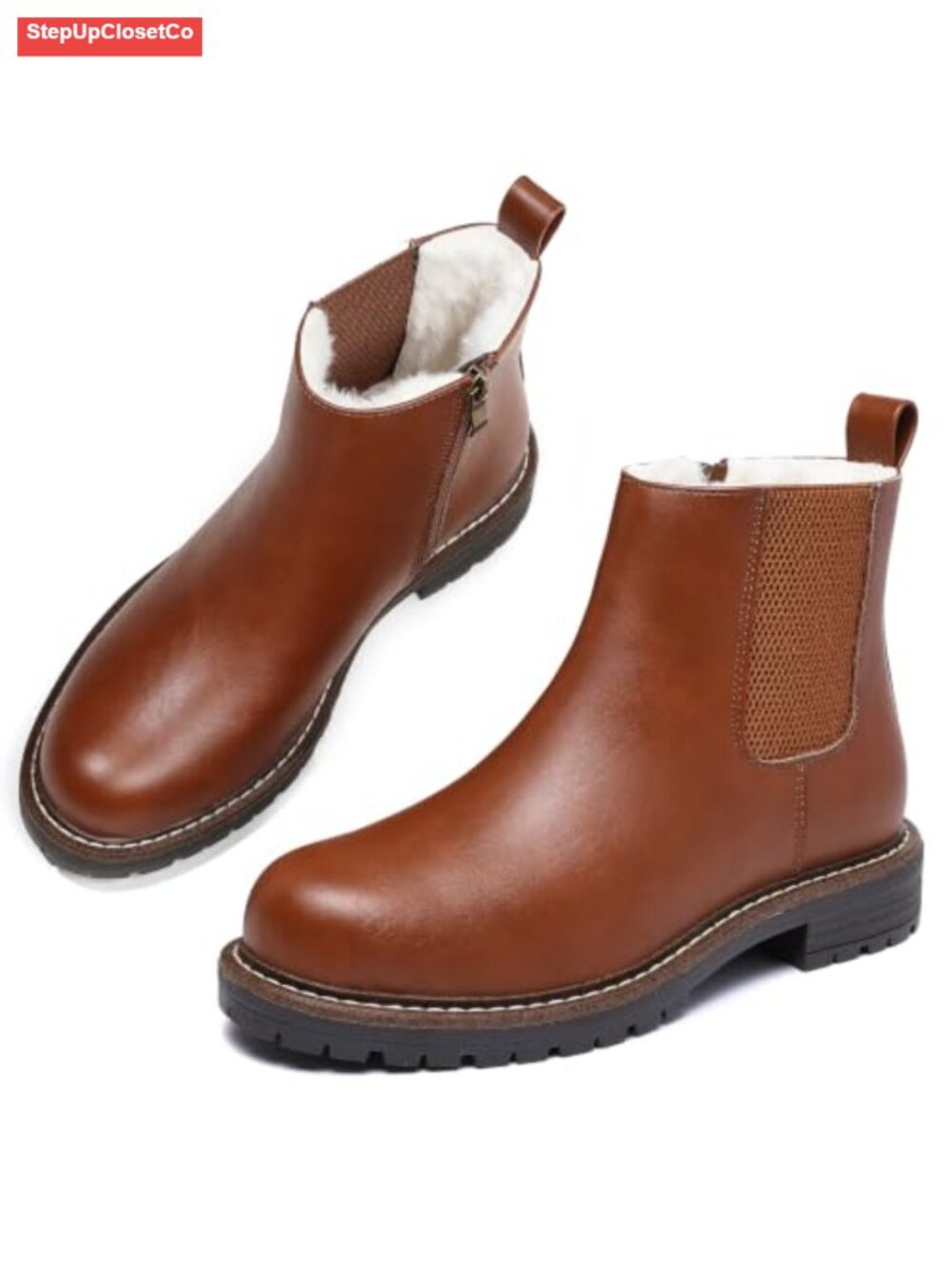 Women's Chelsea Boots Winter Warm Fur Lined Low Heel Side Zipper Ankle Shoes
